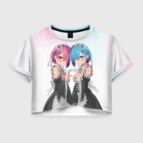 Женская футболка Crop-top 3D с принтом Re:Zero, Рам и Рем в Екатеринбурге, 100% полиэстер | круглая горловина, длина футболки до линии талии, рукава с отворотами | ram | re zero | re:zero | re:zero starting life in another world | re:zero жизнь с нуля в альтернативном мире | rem | аниме | жизнь с нуля в другом мире | манга | рам и рем