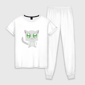 Женская пижама хлопок с принтом Котик в Екатеринбурге, 100% хлопок | брюки и футболка прямого кроя, без карманов, на брюках мягкая резинка на поясе и по низу штанин | cat | chibi | cute | кот | котенок | котик | котэ | милый | няша | чиби
