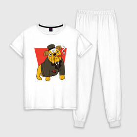 Женская пижама хлопок с принтом Правильный английский бульдог в Екатеринбурге, 100% хлопок | брюки и футболка прямого кроя, без карманов, на брюках мягкая резинка на поясе и по низу штанин | Тематика изображения на принте: buldog | bulldog | dog | duke | english | englishman | gentleman | jacket | lord | proper | sigar | sir | true | англичанин | бульдожка | в костюме | граф | джентльмен | лорд | настоящий | песик | пиджак | порода | породистый | сэр |