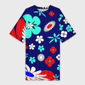 Платье-футболка 3D с принтом Lorri в Екатеринбурге,  |  | blue | flowers | leaves | patterns | summer | texture | летний | листки | синий | текстура | узоры | цветы