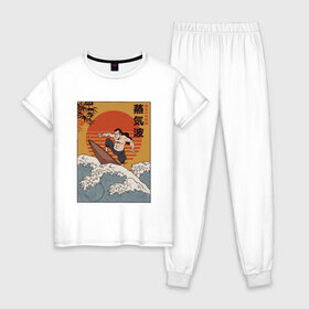 Женская пижама хлопок с принтом Samurai Surfing в Екатеринбурге, 100% хлопок | брюки и футболка прямого кроя, без карманов, на брюках мягкая резинка на поясе и по низу штанин | art | big | great | hokusai | illustration | japan | japanese | kanagawa | retrowave | sumo | surf | tsunami | vaportave | wave | yamato | гравюра | иллюстрация | искусство | самурай | серфинг | сумо | укиё э | цунами | ямато э | япония | японс