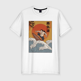 Мужская футболка хлопок Slim с принтом Samurai Surfing в Екатеринбурге, 92% хлопок, 8% лайкра | приталенный силуэт, круглый вырез ворота, длина до линии бедра, короткий рукав | art | big | great | hokusai | illustration | japan | japanese | kanagawa | retrowave | sumo | surf | tsunami | vaportave | wave | yamato | гравюра | иллюстрация | искусство | самурай | серфинг | сумо | укиё э | цунами | ямато э | япония | японс