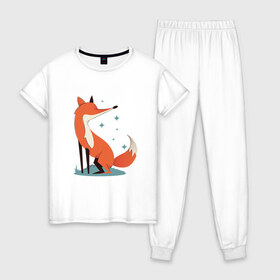 Женская пижама хлопок с принтом Блестящая лисичка в Екатеринбурге, 100% хлопок | брюки и футболка прямого кроя, без карманов, на брюках мягкая резинка на поясе и по низу штанин | art | fox | foxy | paw | paws | red | sparkly | sparks | арт | блики | животное | животные | звездочки | звезды | зверь | иллюстрация | лапки | лес | лесная | лиса | мех | нос | носик | оранжевая | пушистая | рисунок | ушки |