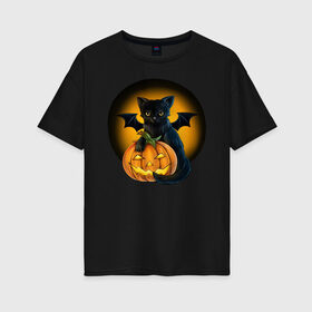 Женская футболка хлопок Oversize с принтом Черный котик с тыквой Хэллоуин в Екатеринбурге, 100% хлопок | свободный крой, круглый ворот, спущенный рукав, длина до линии бедер
 | кот | котик | крылья | летучая | луна | мышь | тыква | хеллоуин | хэллоуин | черный