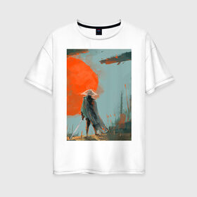 Женская футболка хлопок Oversize с принтом Samurai 11-15 в Екатеринбурге, 100% хлопок | свободный крой, круглый ворот, спущенный рукав, длина до линии бедер
 | катана | маска | ронин | самурай | япония