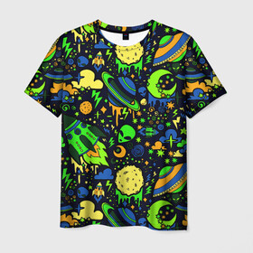 Мужская футболка 3D с принтом НЛО в Екатеринбурге, 100% полиэфир | прямой крой, круглый вырез горловины, длина до линии бедер | aliens | patterns | rockets | space | texture | инопланетяни | космос | ракеты | текстура | узоры