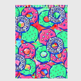Скетчбук с принтом Donuts в Екатеринбурге, 100% бумага
 | 48 листов, плотность листов — 100 г/м2, плотность картонной обложки — 250 г/м2. Листы скреплены сверху удобной пружинной спиралью | colorful | donuts | patterns | sweet | texture | пончики | разноцветный | сладкое | текстура | узоры
