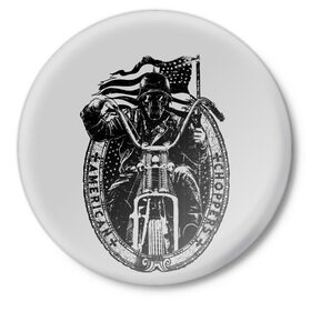 Значок с принтом Чёпер в Екатеринбурге,  металл | круглая форма, металлическая застежка в виде булавки | американский байк | байкер в шлеме | мотоспорт | мотоциклы | череп в каске.