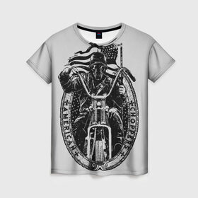 Женская футболка 3D с принтом Чёпер в Екатеринбурге, 100% полиэфир ( синтетическое хлопкоподобное полотно) | прямой крой, круглый вырез горловины, длина до линии бедер | американский байк | байкер в шлеме | мотоспорт | мотоциклы | череп в каске.