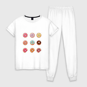 Женская пижама хлопок с принтом Пончики в Екатеринбурге, 100% хлопок | брюки и футболка прямого кроя, без карманов, на брюках мягкая резинка на поясе и по низу штанин | bagels | circle | doughnuts | pastries | rolls | simpsons | бублики | булки | выпечка | круг | пончики | симпсоны