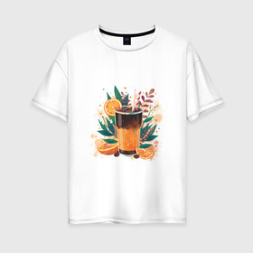 Женская футболка хлопок Oversize с принтом бодрящий коктейль в Екатеринбурге, 100% хлопок | свободный крой, круглый ворот, спущенный рукав, длина до линии бедер
 | апельсин | бодрость | витамины | коктейль | кофе | лето | напиток | яркий