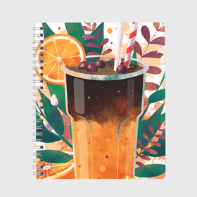 Тетрадь с принтом бодрящий коктейль в Екатеринбурге, 100% бумага | 48 листов, плотность листов — 60 г/м2, плотность картонной обложки — 250 г/м2. Листы скреплены сбоку удобной пружинной спиралью. Уголки страниц и обложки скругленные. Цвет линий — светло-серый
 | апельсин | бодрость | витамины | коктейль | кофе | лето | напиток | яркий