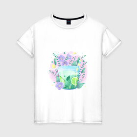 Женская футболка хлопок с принтом летний напиток в Екатеринбурге, 100% хлопок | прямой крой, круглый вырез горловины, длина до линии бедер, слегка спущенное плечо | еда | жара | коктейль | лайм | лед | лето | напиток | свежесть | фрукты | цветы