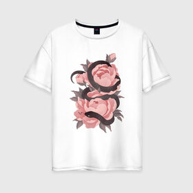 Женская футболка хлопок Oversize с принтом Змеиные розы в Екатеринбурге, 100% хлопок | свободный крой, круглый ворот, спущенный рукав, длина до линии бедер
 | арт | змеиная роза | змея | змея и роза | рисунок | роза | розовая роза | розовые розы | розовый | розы | тёмный | уж | ужик | цветок | цветы | чёрный