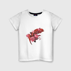 Детская футболка хлопок с принтом Красная птица с цветами в Екатеринбурге, 100% хлопок | круглый вырез горловины, полуприлегающий силуэт, длина до линии бедер | арт | красная птица | красный | крылья | перья | полёт | полёт птицы | птица | рисунок | розовые цветы | розовый | розовый цветок | цветок | цветы