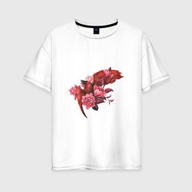 Женская футболка хлопок Oversize с принтом Красная птица с цветами в Екатеринбурге, 100% хлопок | свободный крой, круглый ворот, спущенный рукав, длина до линии бедер
 | арт | красная птица | красный | крылья | перья | полёт | полёт птицы | птица | рисунок | розовые цветы | розовый | розовый цветок | цветок | цветы