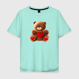 Мужская футболка хлопок Oversize с принтом Медвежонок с сердечком в Екатеринбурге, 100% хлопок | свободный крой, круглый ворот, “спинка” длиннее передней части | love is | teddy bear | valentines day | бабушка | валентинка | влюбленные | девушке | жена | лучшая | любимая | люблю | любовь | мама | медведь | медвежата | молодожены | подарок | романтика | свадебные | свадьба
