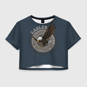 Женская футболка Crop-top 3D с принтом летящий орёл в Екатеринбурге, 100% полиэстер | круглая горловина, длина футболки до линии талии, рукава с отворотами | белоголовый орлан | летящий орёл | орёл | перформанс | порхающий крыльями орёл.