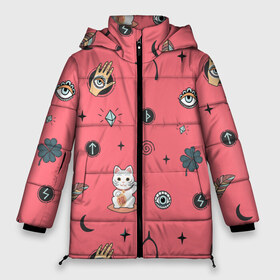 Женская зимняя куртка 3D с принтом Символы и знаки удачи в Екатеринбурге, верх — 100% полиэстер; подкладка — 100% полиэстер; утеплитель — 100% полиэстер | длина ниже бедра, силуэт Оверсайз. Есть воротник-стойка, отстегивающийся капюшон и ветрозащитная планка. 

Боковые карманы с листочкой на кнопках и внутренний карман на молнии | везение | всевидящее око | глаз | завитки | звезды | злой | иконки | китайский | клевер | кость. | кот | котёнок | котик | кристал | листик | луна | молния | перо | пёрышко | перья | подкова | рука с глазом