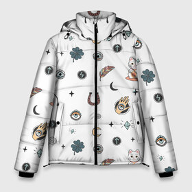 Мужская зимняя куртка 3D с принтом Символы и знаки удачи в Екатеринбурге, верх — 100% полиэстер; подкладка — 100% полиэстер; утеплитель — 100% полиэстер | длина ниже бедра, свободный силуэт Оверсайз. Есть воротник-стойка, отстегивающийся капюшон и ветрозащитная планка. 

Боковые карманы с листочкой на кнопках и внутренний карман на молнии. | Тематика изображения на принте: всевидящее око глаз | глаза | глазки | завитки спиральки | звезды | знак | иконки | китайский | клевер | кость | кот | котёнок | котик. | кристал | лапка | луна | молния | оберег | перо | пёрышки | перья
