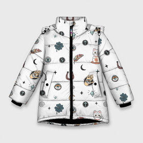 Зимняя куртка для девочек 3D с принтом Символы и знаки удачи в Екатеринбурге, ткань верха — 100% полиэстер; подклад — 100% полиэстер, утеплитель — 100% полиэстер. | длина ниже бедра, удлиненная спинка, воротник стойка и отстегивающийся капюшон. Есть боковые карманы с листочкой на кнопках, утяжки по низу изделия и внутренний карман на молнии. 

Предусмотрены светоотражающий принт на спинке, радужный светоотражающий элемент на пуллере молнии и на резинке для утяжки. | всевидящее око глаз | глаза | глазки | завитки спиральки | звезды | знак | иконки | китайский | клевер | кость | кот | котёнок | котик. | кристал | лапка | луна | молния | оберег | перо | пёрышки | перья