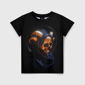 Детская футболка 3D с принтом Golden skull | 1.1 в Екатеринбурге, 100% гипоаллергенный полиэфир | прямой крой, круглый вырез горловины, длина до линии бедер, чуть спущенное плечо, ткань немного тянется | Тематика изображения на принте: cool | cyborg | decoration | fashion | fear | ghost | halloween | head | horror | robot | skeleton | skull | technology | голова | киборг | круто | мода | призрак | робот | скелет | технологии | ужас | украшение | хеллоуин | череп