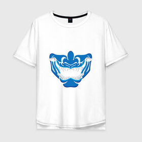 Мужская футболка хлопок Oversize с принтом Маска они в Екатеринбурге, 100% хлопок | свободный крой, круглый ворот, “спинка” длиннее передней части | арт | белый | демон | ёкай | зубы | клыки | маска | маска они | они | оскал | рисунок | синий | япония | японская маска | японский демон