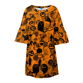 Детское платье 3D с принтом Halloween в Екатеринбурге, 100% полиэстер | прямой силуэт, чуть расширенный к низу. Круглая горловина, на рукавах — воланы | Тематика изображения на принте: ведьма | кот | паттерн | паутина | привидение | призрак | скелет | тыква