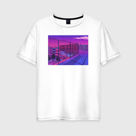Женская футболка хлопок Oversize с принтом NFRNS -такты в Екатеринбурге, 100% хлопок | свободный крой, круглый ворот, спущенный рукав, длина до линии бедер
 | графика | игра | компьютерная графика | неон | пейзаж | пиксели | пиксельный пейзаж | фиолетовый