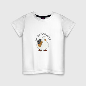 Детская футболка хлопок с принтом Ga-Ga-Gangster в Екатеринбурге, 100% хлопок | круглый вырез горловины, полуприлегающий силуэт, длина до линии бедер | Тематика изображения на принте: duck | бандит | гангстер | гусь | мафия | прикол | птица | утка | утка с пистолетом | юмор