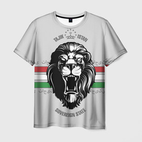 Мужская футболка 3D с принтом Таджикистан в Екатеринбурге, 100% полиэфир | прямой крой, круглый вырез горловины, длина до линии бедер | crown | flag | king | lion | republic | tajikistan | король | корона | лев | республика | таджикистан | флаг | царь