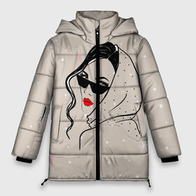 Женская зимняя куртка 3D с принтом Модная девушка в очках в Екатеринбурге, верх — 100% полиэстер; подкладка — 100% полиэстер; утеплитель — 100% полиэстер | длина ниже бедра, силуэт Оверсайз. Есть воротник-стойка, отстегивающийся капюшон и ветрозащитная планка. 

Боковые карманы с листочкой на кнопках и внутренний карман на молнии | Тематика изображения на принте: беж | брюнетка | гламур | девушка | красота | лицо | мода | очки | помада