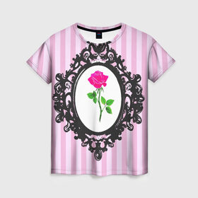 Женская футболка 3D с принтом Роза в рамке в Екатеринбурге, 100% полиэфир ( синтетическое хлопкоподобное полотно) | прямой крой, круглый вырез горловины, длина до линии бедер | классика | полоска | рамка | роза | розовый | черный