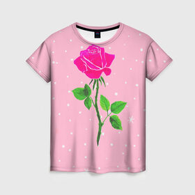 Женская футболка 3D с принтом Роза на розовом в Екатеринбурге, 100% полиэфир ( синтетическое хлопкоподобное полотно) | прямой крой, круглый вырез горловины, длина до линии бедер | женственно | красота | роза | розовый | снежинки | фуксия | цветок | шик