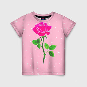 Детская футболка 3D с принтом Роза на розовом в Екатеринбурге, 100% гипоаллергенный полиэфир | прямой крой, круглый вырез горловины, длина до линии бедер, чуть спущенное плечо, ткань немного тянется | женственно | красота | роза | розовый | снежинки | фуксия | цветок | шик