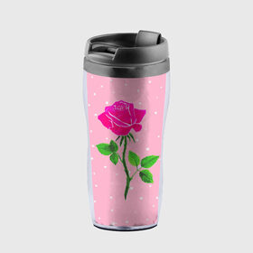 Термокружка-непроливайка с принтом Роза на розовом в Екатеринбурге, внутренняя часть — пищевой пластик, наружная часть — прозрачный пластик, между ними — полиграфическая вставка с рисунком | объем — 350 мл, герметичная крышка | Тематика изображения на принте: женственно | красота | роза | розовый | снежинки | фуксия | цветок | шик