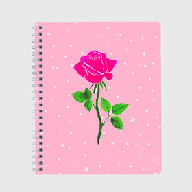 Тетрадь с принтом Роза на розовом в Екатеринбурге, 100% бумага | 48 листов, плотность листов — 60 г/м2, плотность картонной обложки — 250 г/м2. Листы скреплены сбоку удобной пружинной спиралью. Уголки страниц и обложки скругленные. Цвет линий — светло-серый
 | женственно | красота | роза | розовый | снежинки | фуксия | цветок | шик