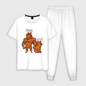 Мужская пижама хлопок с принтом Качок Доге и маленький Чимс в Екатеринбурге, 100% хлопок | брюки и футболка прямого кроя, без карманов, на брюках мягкая резинка на поясе и по низу штанин
 | bodybuilder | cheems | chims | cool | cry | crying | doge | japan | japanese | little | meme | memes | power | powerful | shiba inu | small | крутой | мемас | мемчик | накаченный | песель | песик | плакса | плачет | порода | сиба ину | собак