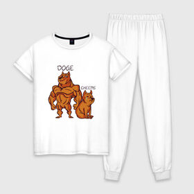 Женская пижама хлопок с принтом Качок Доге и маленький Чимс в Екатеринбурге, 100% хлопок | брюки и футболка прямого кроя, без карманов, на брюках мягкая резинка на поясе и по низу штанин | bodybuilder | cheems | chims | cool | cry | crying | doge | japan | japanese | little | meme | memes | power | powerful | shiba inu | small | крутой | мемас | мемчик | накаченный | песель | песик | плакса | плачет | порода | сиба ину | собак