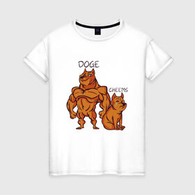 Женская футболка хлопок с принтом Качок Доге и маленький Чимс в Екатеринбурге, 100% хлопок | прямой крой, круглый вырез горловины, длина до линии бедер, слегка спущенное плечо | bodybuilder | cheems | chims | cool | cry | crying | doge | japan | japanese | little | meme | memes | power | powerful | shiba inu | small | крутой | мемас | мемчик | накаченный | песель | песик | плакса | плачет | порода | сиба ину | собак