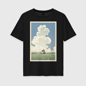 Женская футболка хлопок Oversize с принтом blue sky в Екатеринбурге, 100% хлопок | свободный крой, круглый ворот, спущенный рукав, длина до линии бедер
 | весна | картинка | корея | лес | лето | машина | на каждый день | небо | облака | парень | поле | птицы | рисунок | токио | тоторо | фон | хаяо миядзаки | цветок | цветы | япония