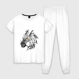 Женская пижама хлопок с принтом Дракон в Екатеринбурге, 100% хлопок | брюки и футболка прямого кроя, без карманов, на брюках мягкая резинка на поясе и по низу штанин | дракон | дракончик | монстр | татуировка