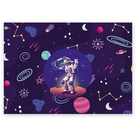 Поздравительная открытка с принтом Space disco в Екатеринбурге, 100% бумага | плотность бумаги 280 г/м2, матовая, на обратной стороне линовка и место для марки
 | Тематика изображения на принте: astronaut | gesture | planet | recorder | space | spacesuit | star | жест | звезда | космонавт | космос | магнитофон | очки | планета