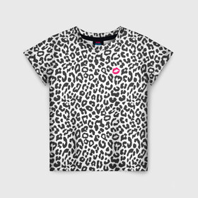 Детская футболка 3D с принтом Kiss в Екатеринбурге, 100% гипоаллергенный полиэфир | прямой крой, круглый вырез горловины, длина до линии бедер, чуть спущенное плечо, ткань немного тянется | art | background | kiss | leopard | lips | spots | texture | арт | губы | леопард | поцелуй | пятна | текстура | фон