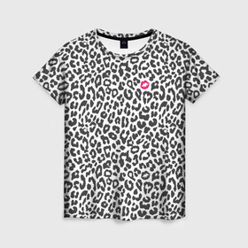 Женская футболка 3D с принтом Kiss в Екатеринбурге, 100% полиэфир ( синтетическое хлопкоподобное полотно) | прямой крой, круглый вырез горловины, длина до линии бедер | art | background | kiss | leopard | lips | spots | texture | арт | губы | леопард | поцелуй | пятна | текстура | фон