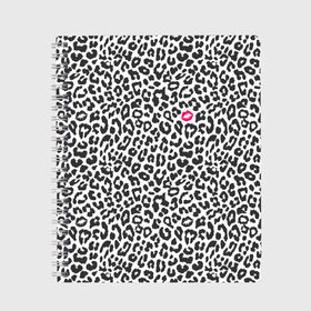 Тетрадь с принтом Kiss в Екатеринбурге, 100% бумага | 48 листов, плотность листов — 60 г/м2, плотность картонной обложки — 250 г/м2. Листы скреплены сбоку удобной пружинной спиралью. Уголки страниц и обложки скругленные. Цвет линий — светло-серый
 | Тематика изображения на принте: art | background | kiss | leopard | lips | spots | texture | арт | губы | леопард | поцелуй | пятна | текстура | фон