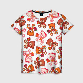 Женская футболка 3D с принтом Медвежата и подарки в Екатеринбурге, 100% полиэфир ( синтетическое хлопкоподобное полотно) | прямой крой, круглый вырез горловины, длина до линии бедер | 