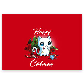 Поздравительная открытка с принтом Happy Catmas в Екатеринбурге, 100% бумага | плотность бумаги 280 г/м2, матовая, на обратной стороне линовка и место для марки
 | 2021 | cat | catmas | christmas | happy new year | merry christmas | new year | герлянда | кот | котейка | котики | новый год | праздник | рождество