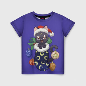 Детская футболка 3D с принтом Luna Happy New Year в Екатеринбурге, 100% гипоаллергенный полиэфир | прямой крой, круглый вырез горловины, длина до линии бедер, чуть спущенное плечо, ткань немного тянется | 2021 | cat | catmas | christmas | happy new year | merry christmas | new year | аниме | кот | котейка | котики | луна | манга | новый год | праздник | рождество | сейлормун