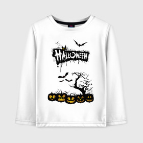Детский лонгслив хлопок с принтом HALLOWEEN в Екатеринбурге, 100% хлопок | круглый вырез горловины, полуприлегающий силуэт, длина до линии бедер | bones | ghost | halloween | pumpkin | skull | кости | летучие мыши | приведение | призрак | скелет | тыква | хеллоуин | хоррор | хэллоуин